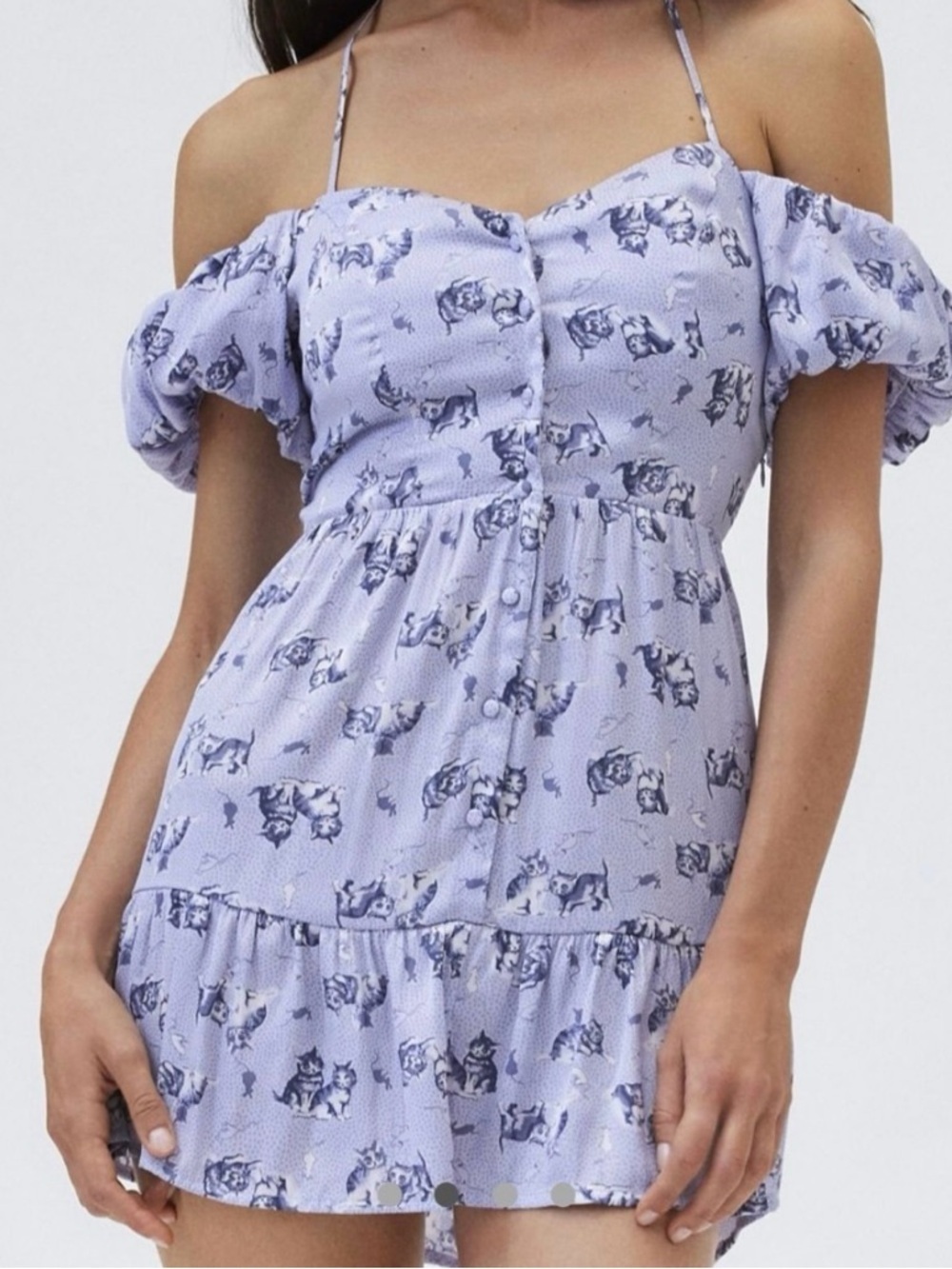 Kimchi Blue Courtney Cat Print Off-Shoulder Mini Dress M Blue Puff Sleeve Ruffle